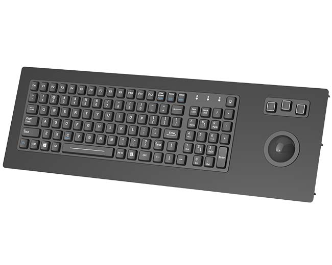 Full-size rugged backlit keyboard with 100 keys and a large industrial trackball