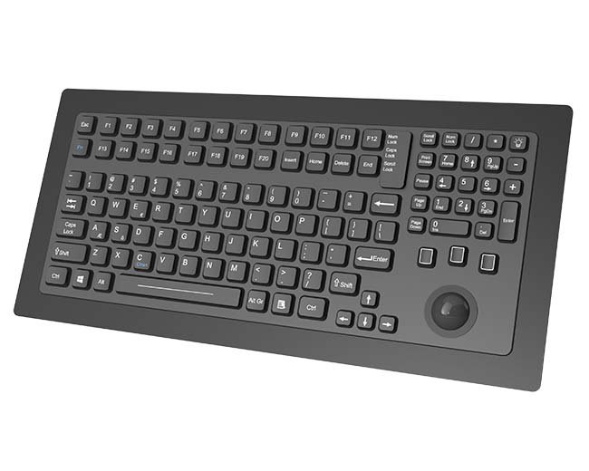 113 full-travel keys and an integrated 25 mm trackball with mouse buttons